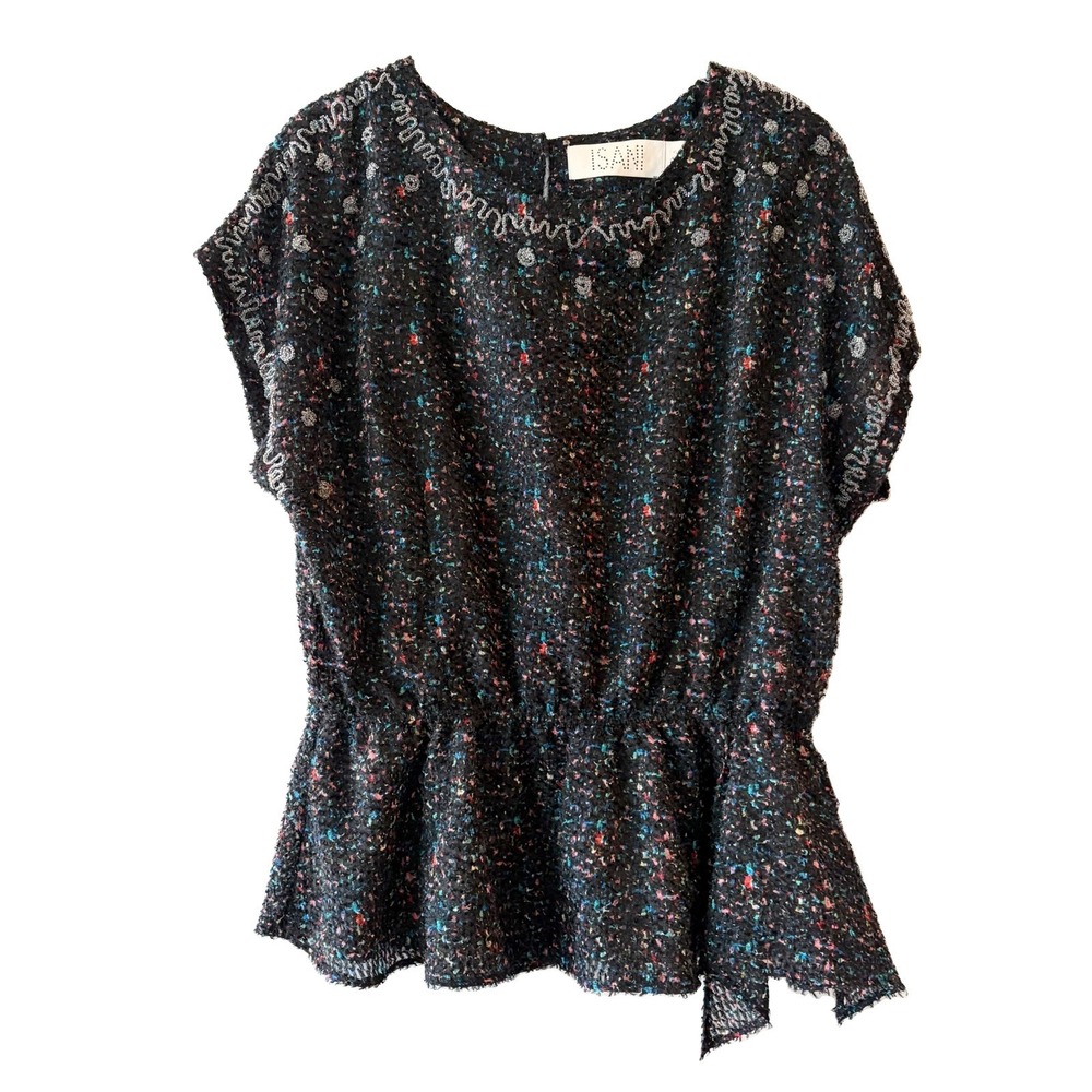 Isani Anthropologie Black Multicolor Tweed Peplum Top Beaded Trim Multi Size M